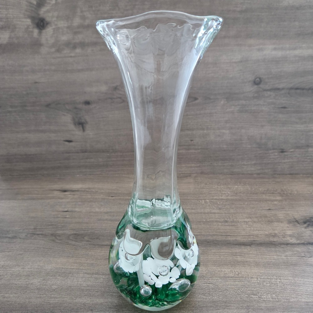 Bud Vase Clear White Green Floral Paperweight Base Ruffled Rim Hand-blown